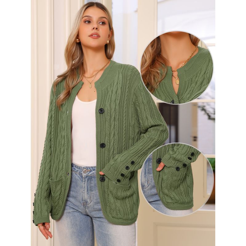 Women's Button Up Long Sleeve Cardigan Sweater Casual Jacket Top Army Green — image 2 of 5